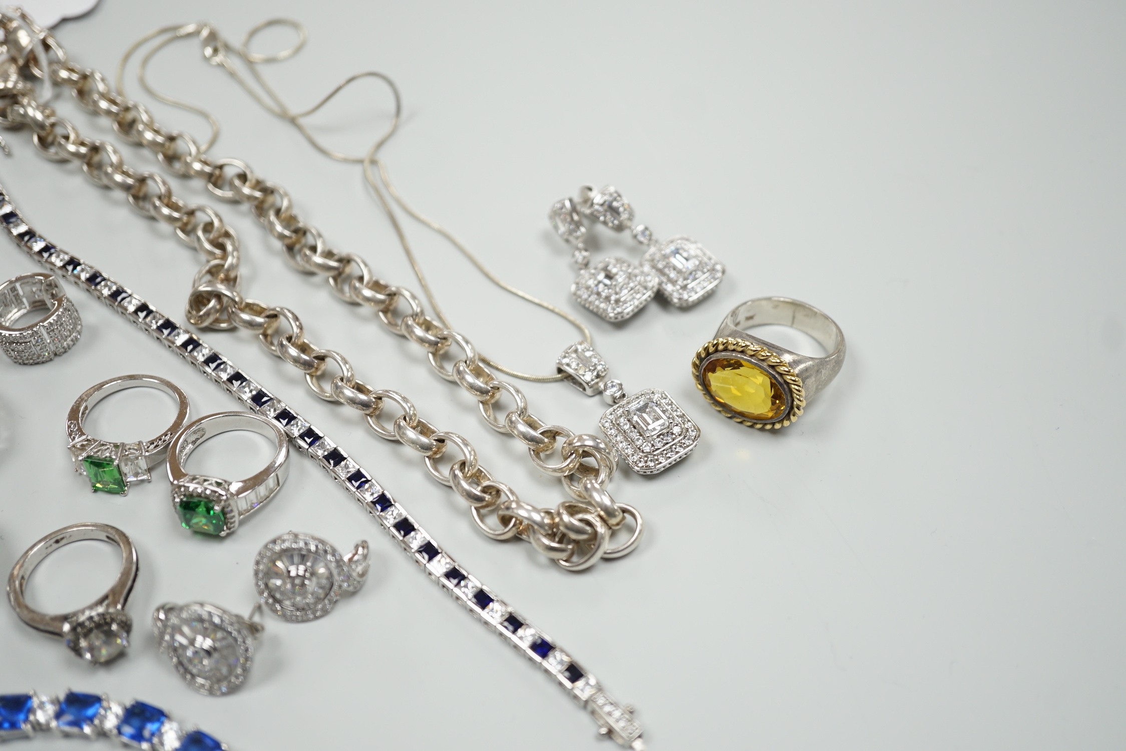 A group of assorted mainly 925 and cubic zirconia set jewellery including rings, earrings bracelet etc. and a 925 necklace.